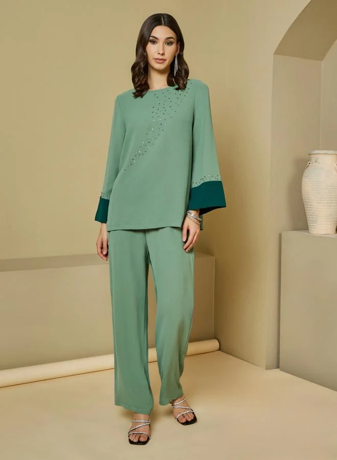 Amirah Contrast Cuff Detail Embellished Top and Wide Leg Pants Modest Set
