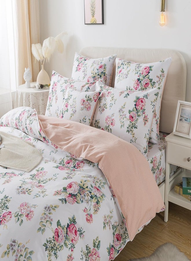 FADFAY Duvet Cover Set Queen Pink Rose Floral Bedding Shabby Peony Flower Quilt Cover Set Vintage Farmhouse Bedding 100% Cotton Soft Comforter Cover Set with Hidden Zipper Closure 3Pcs, Queen Size - Image 3
