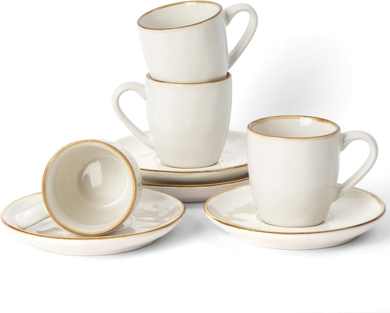 Famiware Ocean Espresso Cups with Saucers Set of 4, 3.34oz Espresso Cup Set, Coffee Mug Set for Latte, Macchiato, Stoneware Demitasse Cups Set for Cafe, Microwave&Dishwasher Safe, Vanilla White - Image 1