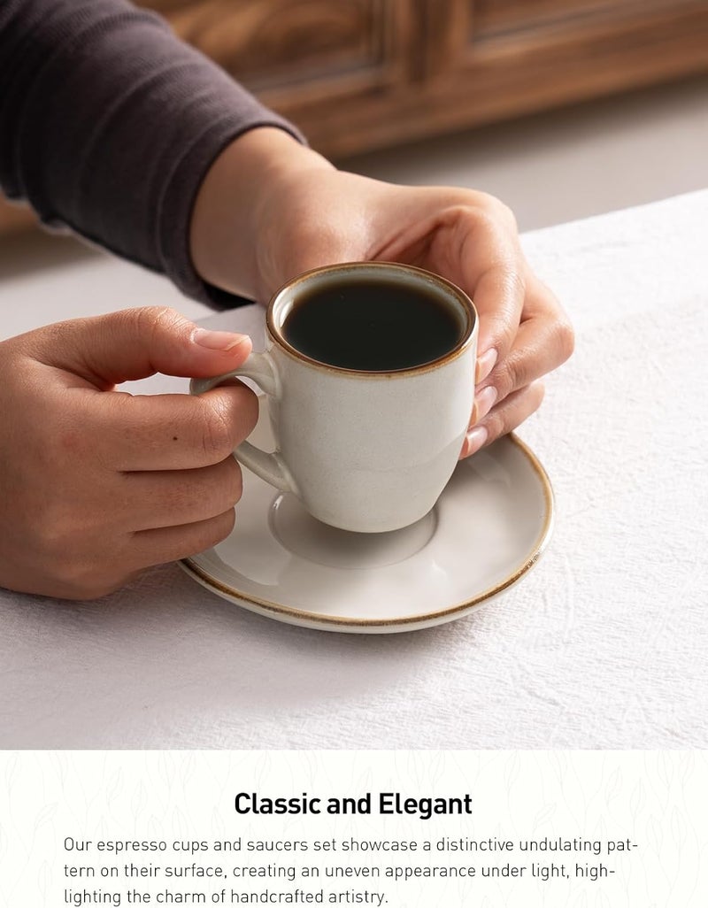 Famiware Ocean Espresso Cups with Saucers Set of 4, 3.34oz Espresso Cup Set, Coffee Mug Set for Latte, Macchiato, Stoneware Demitasse Cups Set for Cafe, Microwave&Dishwasher Safe, Vanilla White - Image 3