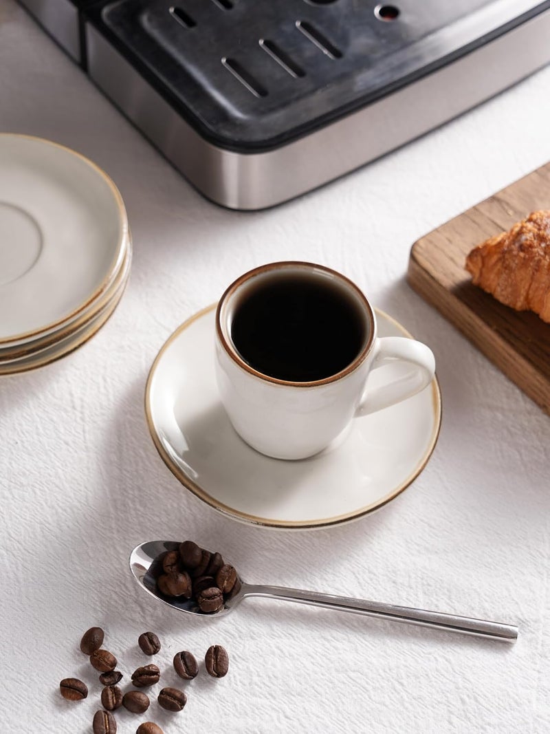 Famiware Ocean Espresso Cups with Saucers Set of 4, 3.34oz Espresso Cup Set, Coffee Mug Set for Latte, Macchiato, Stoneware Demitasse Cups Set for Cafe, Microwave&Dishwasher Safe, Vanilla White - Image 2