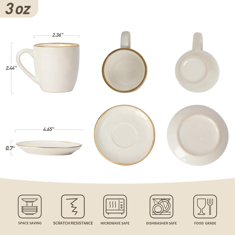 Famiware Ocean Espresso Cups with Saucers Set of 4, 3.34oz Espresso Cup Set, Coffee Mug Set for Latte, Macchiato, Stoneware Demitasse Cups Set for Cafe, Microwave&Dishwasher Safe, Vanilla White - Image 5