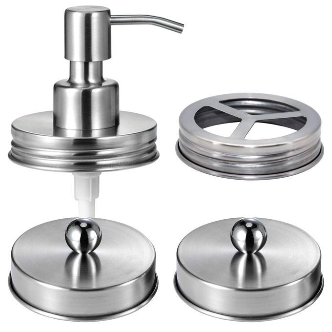 MASON JAR BATHROOM ACCESSORIES LIDS SET4PCS JARS NOT INCLUDED SOAP DISPENSERTOOTHBRUSH HOLDERAND APOTHECARY JARS LIDS FOR REGULAR MOUTH MASON JARS RUSTIC FARMHOUSE DECOR BRUSHED NICKEL