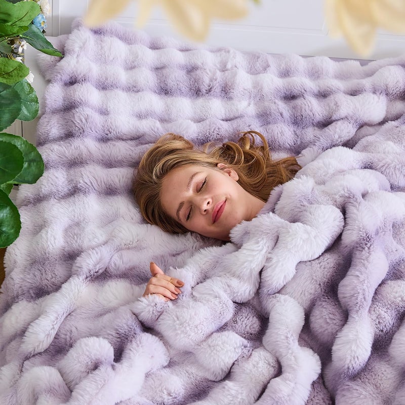 Lotus Karen Lotus Karen Faux Fur Throw Blanket Tie-Dye Purple - Big Bubble Rabbit Fluff Blanket for Couch Bed Sofa Softest Fluffy Fuzzy Cozy Blanket Thick Furry Plush Blankets for Women 108x90 Inches  - Image 2