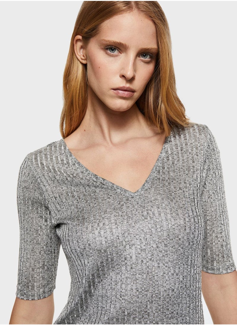MANGO - V-Neck Ribbed T-Shirt - Image 1