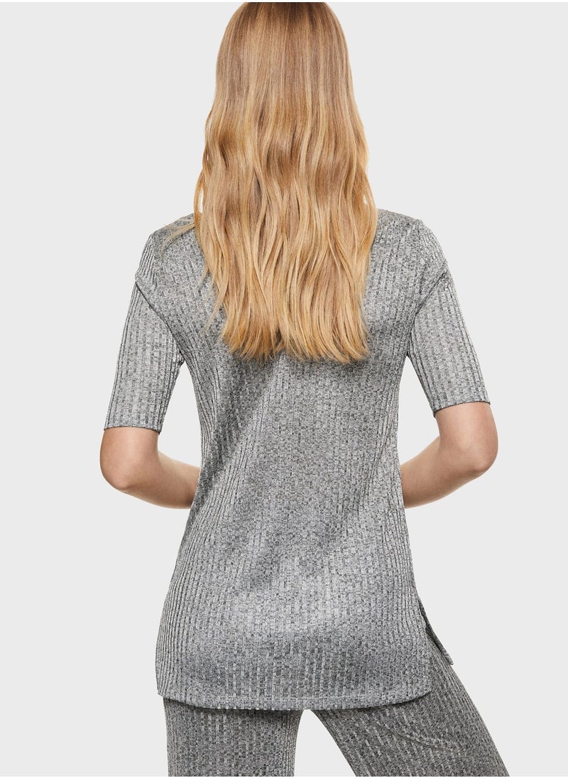 MANGO - V-Neck Ribbed T-Shirt - Image 1