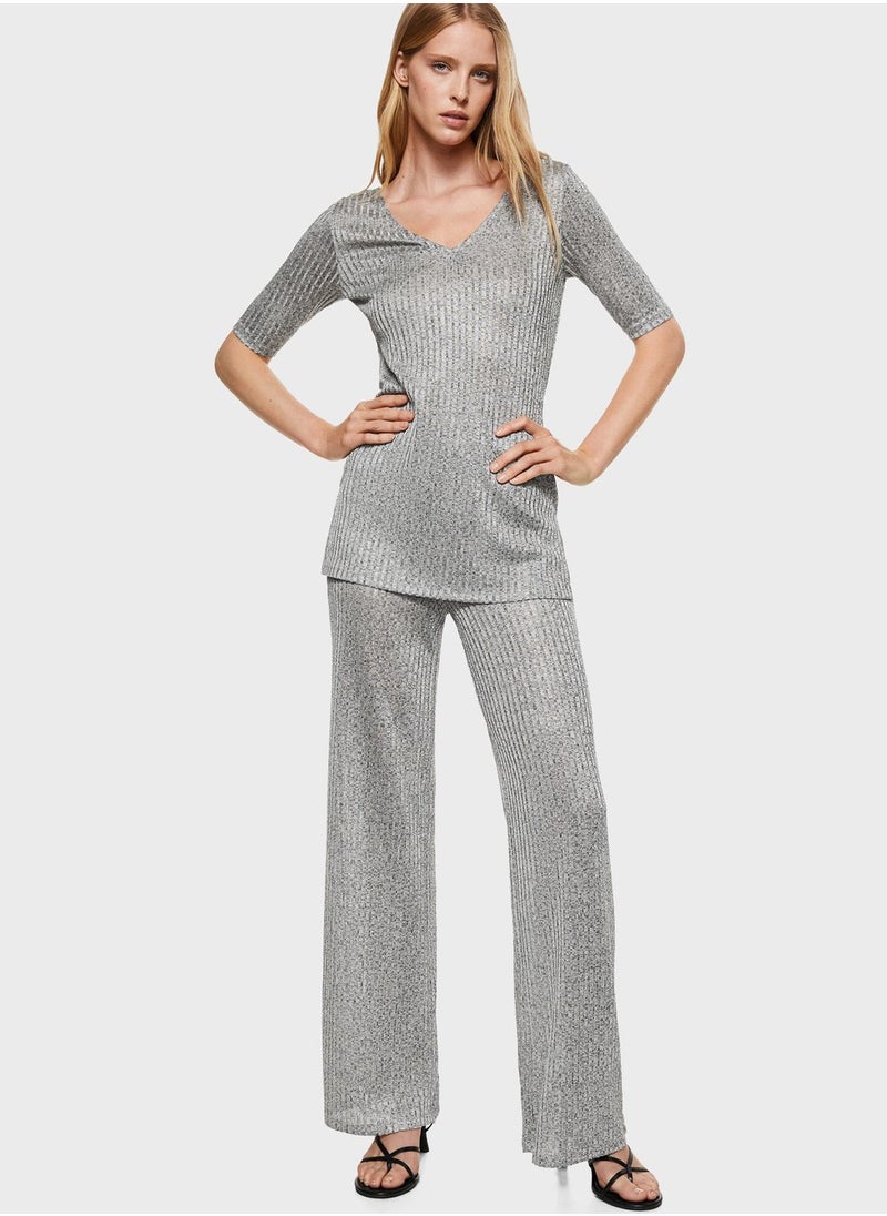 MANGO - V-Neck Ribbed T-Shirt - Image 1