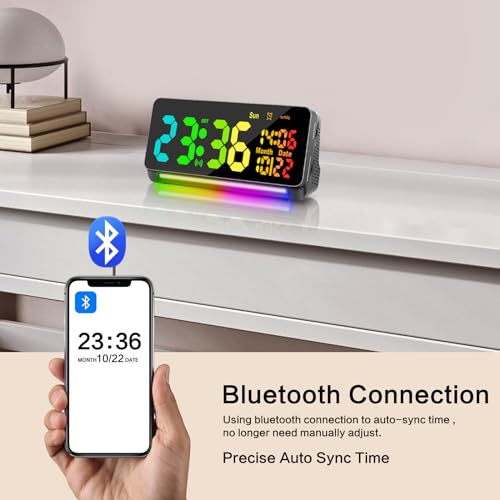Samshow 120db Super Loud Alarm Clock Heavy Sleepers Adults, Loud Alarm Clock Bluetooth Sync Time,15 Wake Up Sounds, 7 Color Night Light, Dynamic RGB Color, 0-100% Dimmer, Snooze,DST, LED Dispay - Image 2