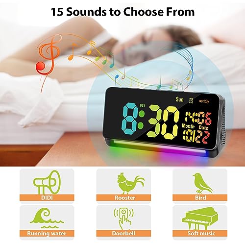 Samshow 120db Super Loud Alarm Clock Heavy Sleepers Adults, Loud Alarm Clock Bluetooth Sync Time,15 Wake Up Sounds, 7 Color Night Light, Dynamic RGB Color, 0-100% Dimmer, Snooze,DST, LED Dispay - Image 4