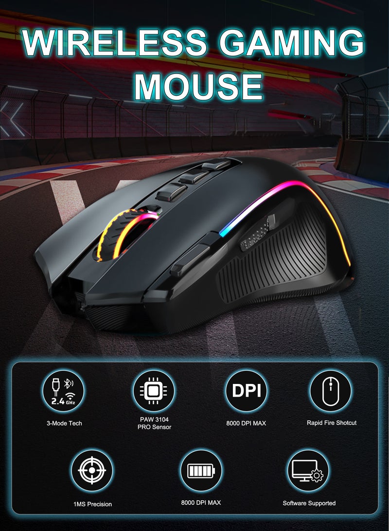 E-YOOSO X-11 Tri-Modes Gaming Mouse,Wireless/Bluetooth/Wired Rechargeable RGB Gamer Mouse, 8000 DPI Optical Sensor, RGB Backlit, MMO 9 Programmable Buttons, with Macro Recording, for Mac Windows Computer Gamer, Black - Image 2