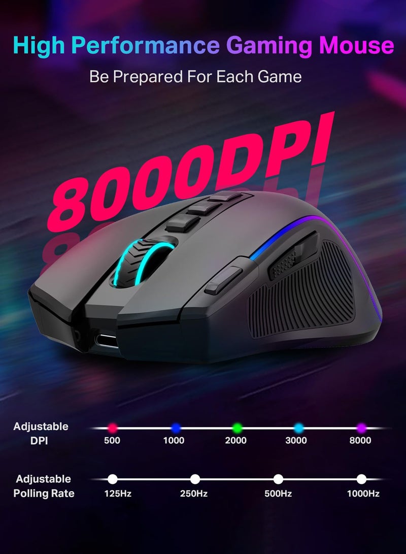 E-YOOSO X-11 Tri-Modes Gaming Mouse,Wireless/Bluetooth/Wired Rechargeable RGB Gamer Mouse, 8000 DPI Optical Sensor, RGB Backlit, MMO 9 Programmable Buttons, with Macro Recording, for Mac Windows Computer Gamer, Black - Image 3