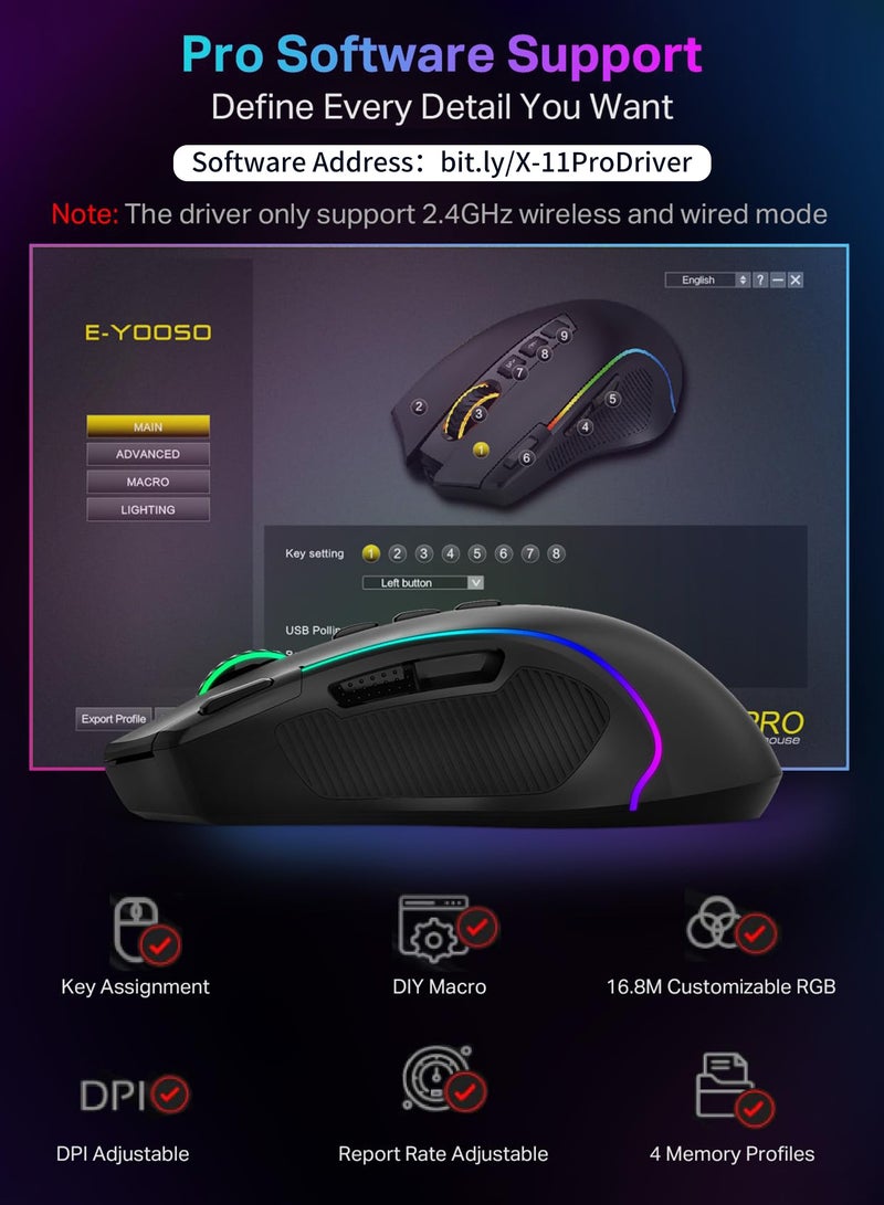 E-YOOSO X-11 Tri-Modes Gaming Mouse,Wireless/Bluetooth/Wired Rechargeable RGB Gamer Mouse, 8000 DPI Optical Sensor, RGB Backlit, MMO 9 Programmable Buttons, with Macro Recording, for Mac Windows Computer Gamer, Black - Image 4