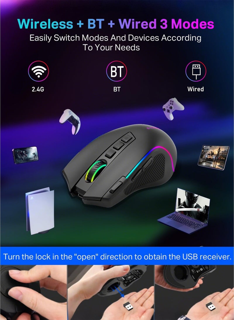 E-YOOSO X-11 Tri-Modes Gaming Mouse,Wireless/Bluetooth/Wired Rechargeable RGB Gamer Mouse, 8000 DPI Optical Sensor, RGB Backlit, MMO 9 Programmable Buttons, with Macro Recording, for Mac Windows Computer Gamer, Black - Image 5