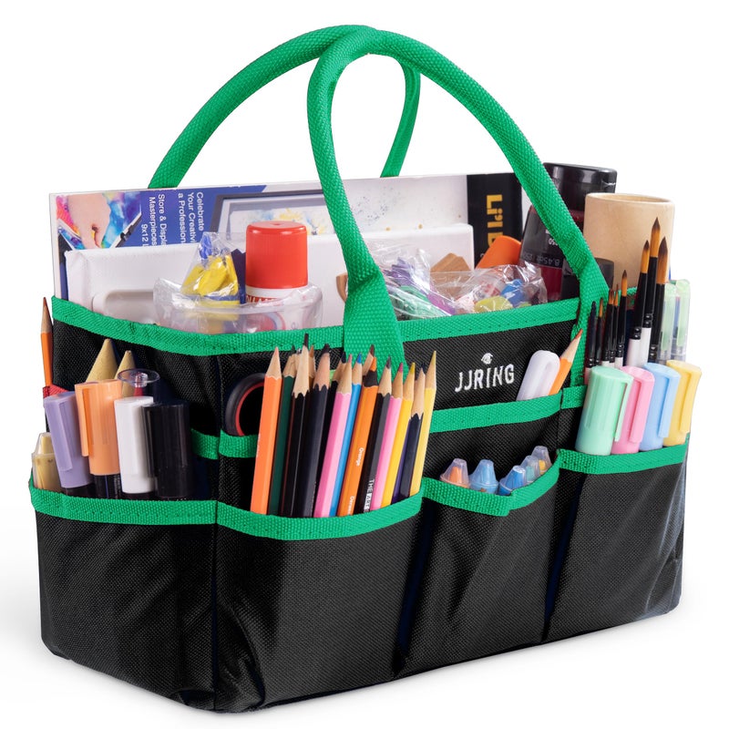 Jjring Craft and Art Organizer Tote Bag  600D Green Nylon Fabric Art Caddy with Pockets  for Art Craft Sewing Medical and Office Supplies Storage