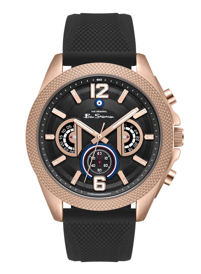 Ben Sherman Sheffield Black Dial Black Silicone Strap Chronograph Watch for Men, 44mm - Image 1
