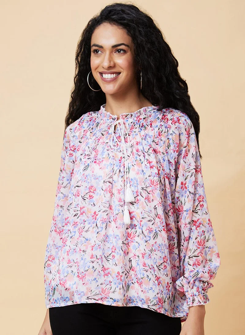 globus Globus Women White Floral Print Tie-Up Neck Top