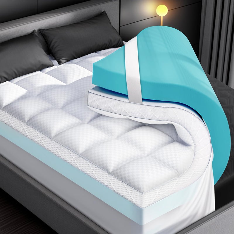 Dual Layer Memory Foam Mattress Topper for Pain Relief with 2X Support 2 Fluffy Pillow Top King Mattress Topper Plus 2 OdorFree Cooling Gel Memory Foam Ultra Comfort Mattress Pad Cover