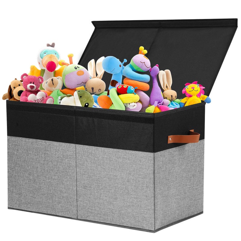 Gowee Large Toy Storage Box with Lid, Sturdy Toys Storage Chest Bin Organizer Basket with Dividers for Kids, Boys, Girls, Nursery, Closet, Bedroom, Playroom 25"x13" x16" (Black and Grey) - Image 1