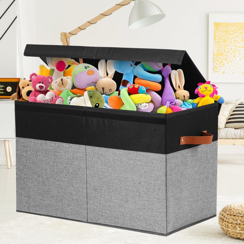 Gowee Large Toy Storage Box with Lid, Sturdy Toys Storage Chest Bin Organizer Basket with Dividers for Kids, Boys, Girls, Nursery, Closet, Bedroom, Playroom 25"x13" x16" (Black and Grey) - Image 5