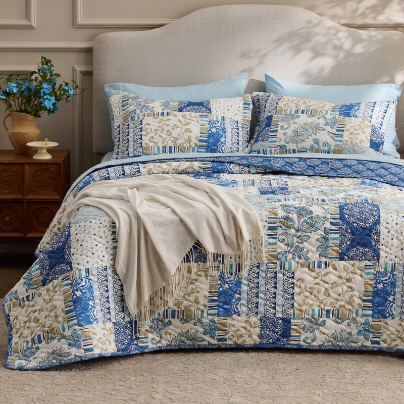 Bedsure Patchwork Quilts Queen Size - Reversible Blue Floral Comforter Queen Size, Spring Lightweight Bedspread Boho Quilted Bedding, Soft Microfiber Coverlet for All Seasons (90"x96") - Image 1