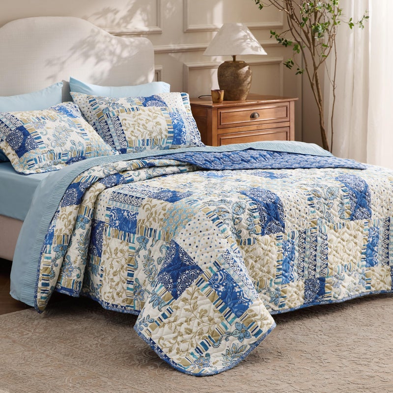 Bedsure Patchwork Quilts Queen Size - Reversible Blue Floral Comforter Queen Size, Spring Lightweight Bedspread Boho Quilted Bedding, Soft Microfiber Coverlet for All Seasons (90"x96") - Image 2