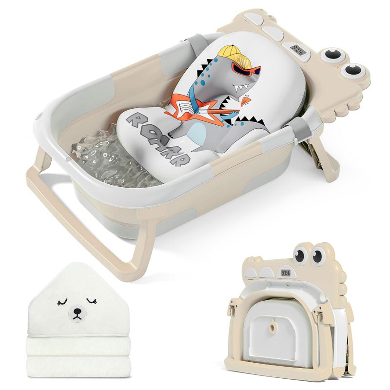 MoreFeel Collapsible Baby Bathtub for Newborn with Thermometer & 1 Hooded Towel & 1 Soft Floating Cushion,Portable Travel Bathtub with Drain Hole, Durable Foldable Baby Tubs for Infants to Toddler - Image 1