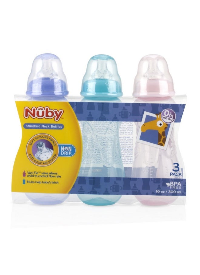 Nuby Nuby Non-Drip Standard Neck Bottles, 10 Ounce, Colors May Vary, 3 Count (Pack of 1)  - Image 1