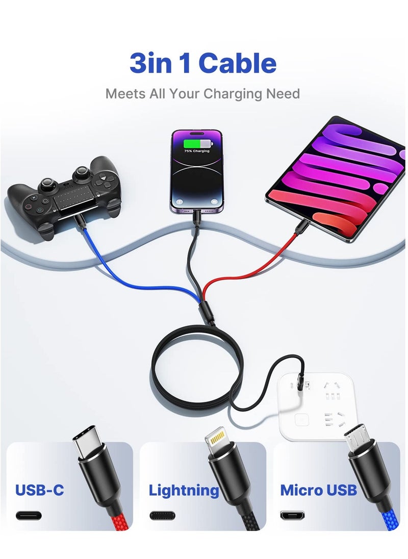 Multi Charging Cable, Nylon Braided 3 in 1 Charging Cord Multi USB Cable Fast Charging Cord with Type-C, Micro USB and IPh Port, Compatible with Most Phones  iPads