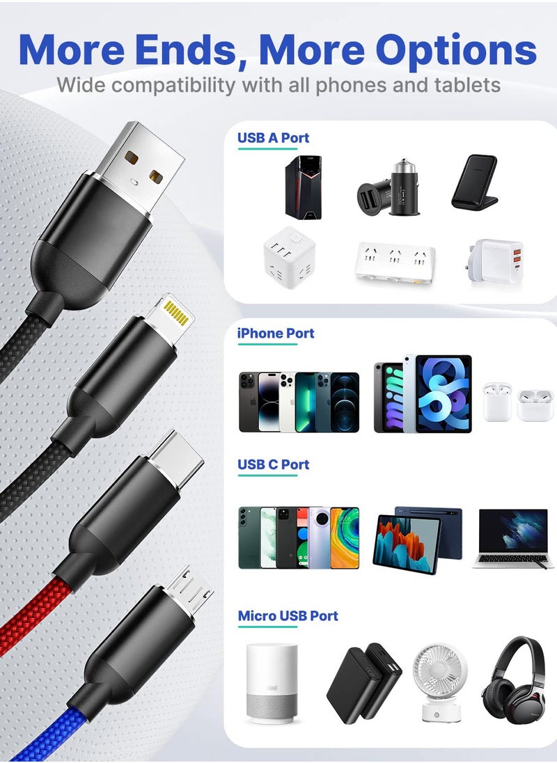 Multi Charging Cable, Nylon Braided 3 in 1 Charging Cord Multi USB Cable Fast Charging Cord with Type-C, Micro USB and IPh Port, Compatible with Most Phones  iPads