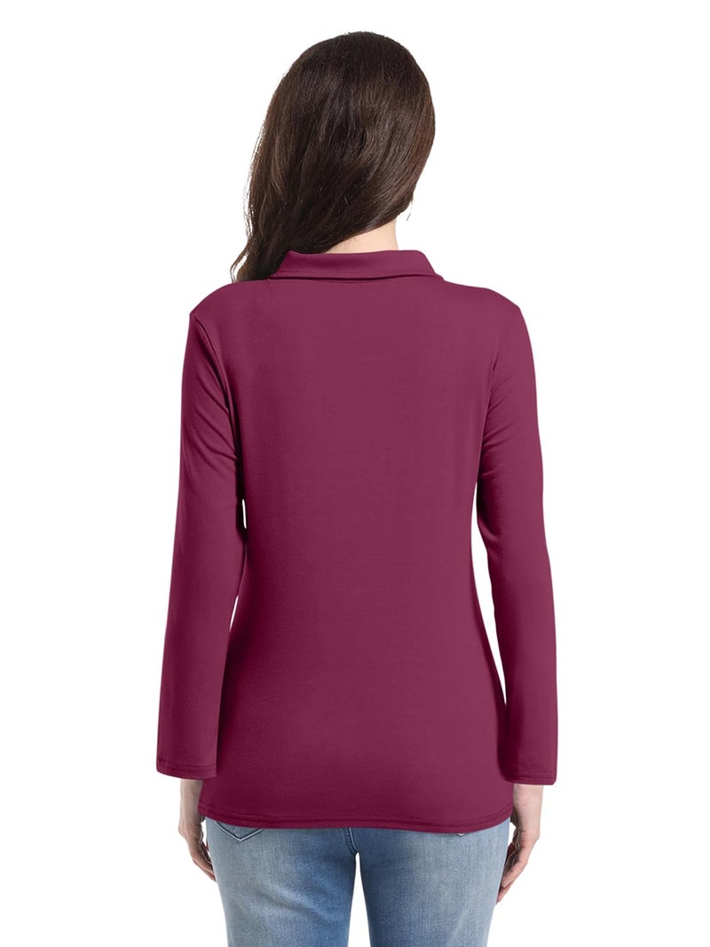 PGANDS Womens Collared Polo Shirts Long Sleeve V Neck Button Down Casual Athletic Tops Golf Sport Tee Wine Red Small - Image 4