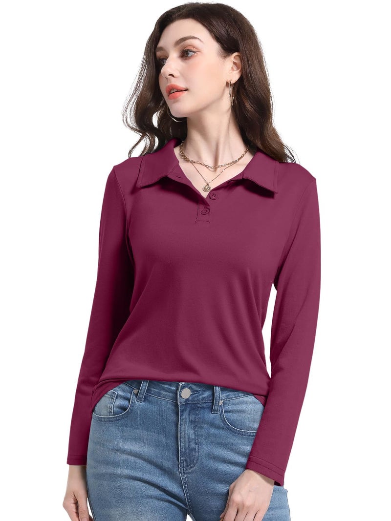 PGANDS Womens Collared Polo Shirts Long Sleeve V Neck Button Down Casual Athletic Tops Golf Sport Tee Wine Red Small - Image 2