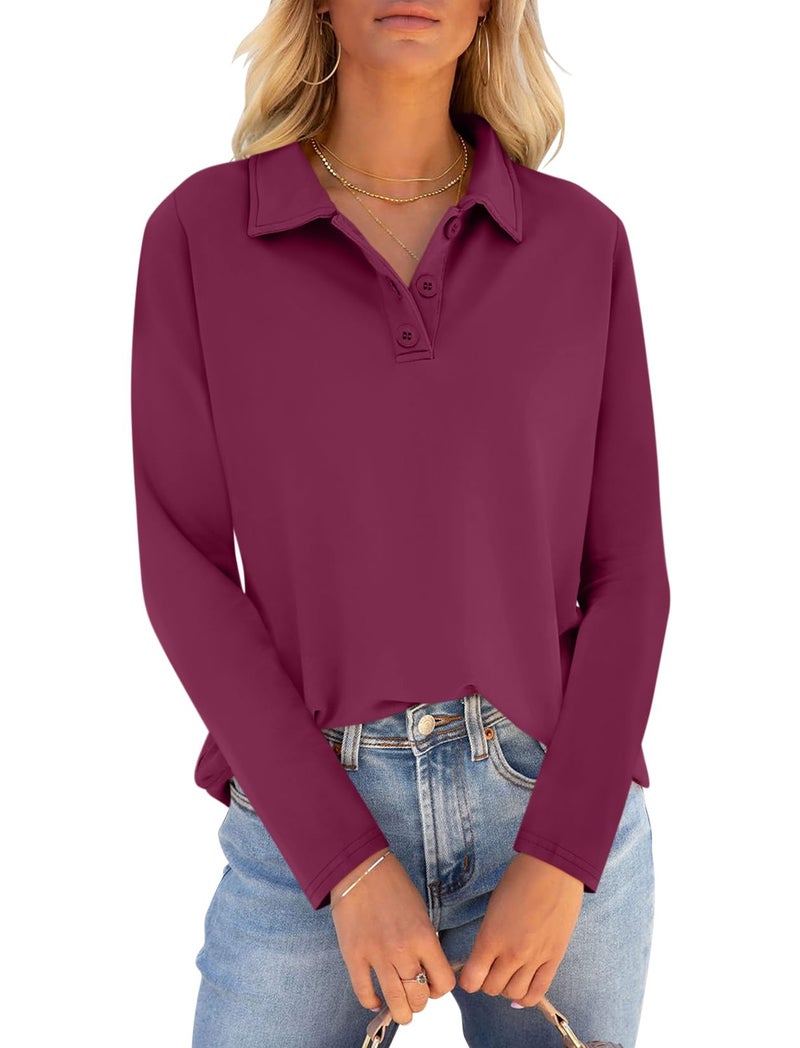 PGANDS Womens Collared Polo Shirts Long Sleeve V Neck Button Down Casual Athletic Tops Golf Sport Tee Wine Red Small - Image 1