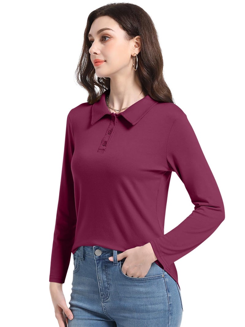 PGANDS Womens Collared Polo Shirts Long Sleeve V Neck Button Down Casual Athletic Tops Golf Sport Tee Wine Red Small - Image 3