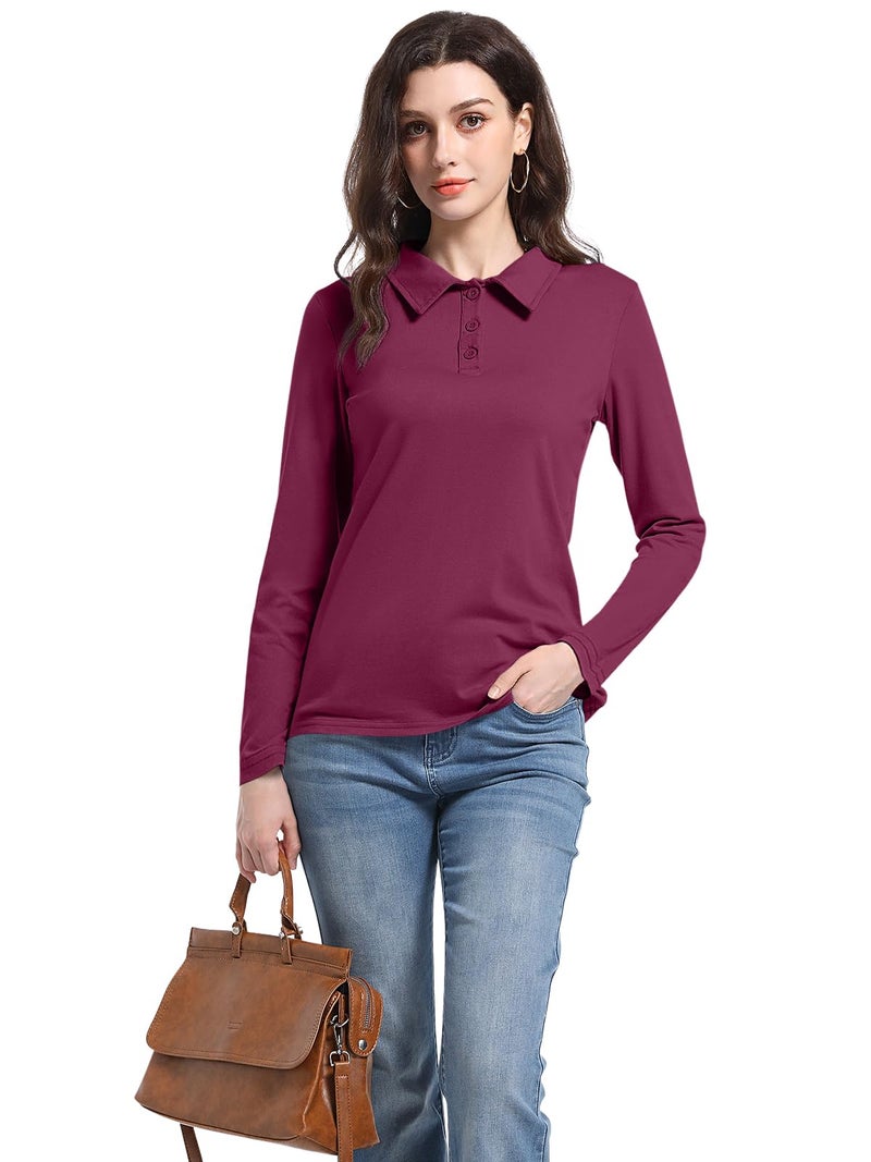 PGANDS Womens Collared Polo Shirts Long Sleeve V Neck Button Down Casual Athletic Tops Golf Sport Tee Wine Red Small - Image 5