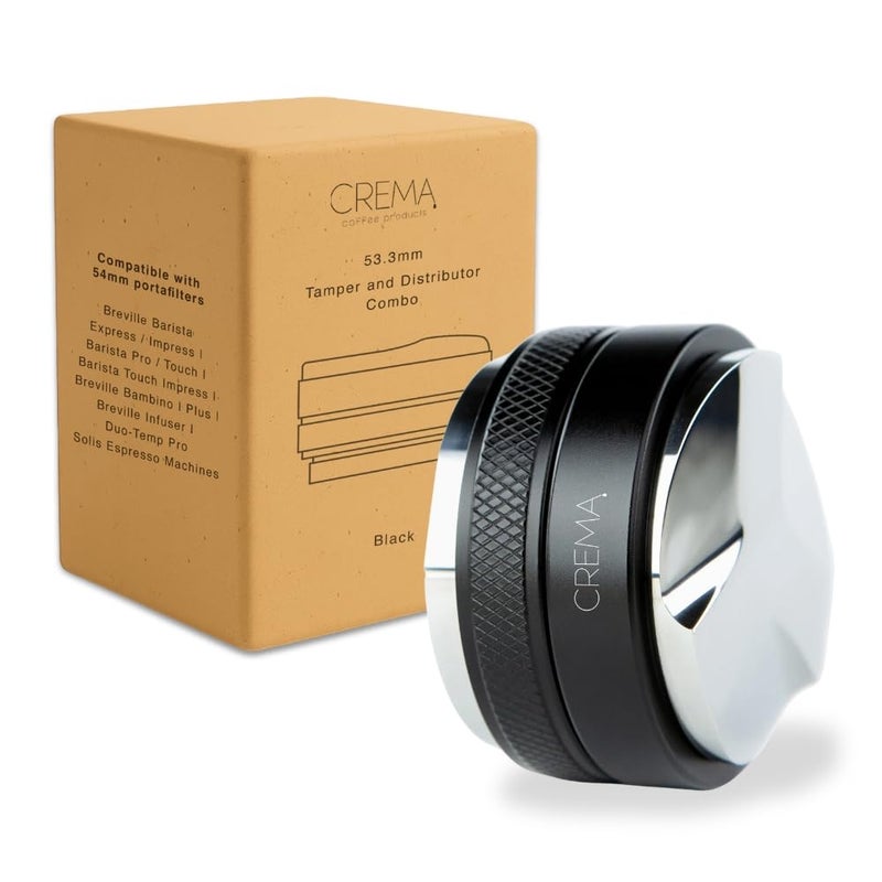 CREMA Coffee Products 54mm Hand Tamper & Coffee Distributor | Compatible with Breville Portafilters| Double-Sided, Adjustable Depth Tool | Made with Durable 304 Stainless Steel | Black - Image 1