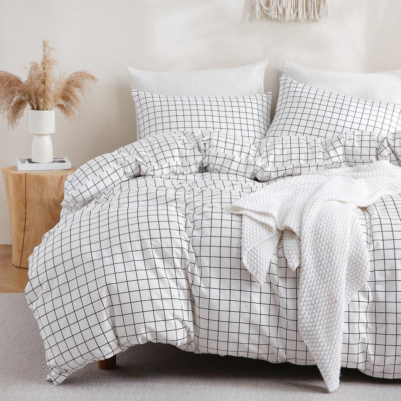 TOCOMOA Checkered Duvet Cover Set 100% Natural Cotton Soft Comfy Breathable 3 Piece White and Black Gingham Pattern Printed Comforter Cover Bedding Set (Queen 90"x90", Comforter Not Included) - Image 1