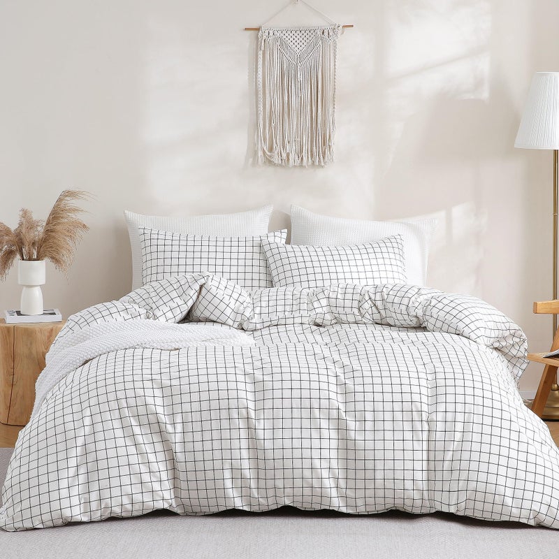 TOCOMOA Checkered Duvet Cover Set 100% Natural Cotton Soft Comfy Breathable 3 Piece White and Black Gingham Pattern Printed Comforter Cover Bedding Set (Queen 90"x90", Comforter Not Included) - Image 3