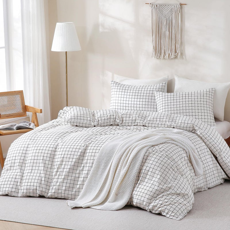 TOCOMOA Checkered Duvet Cover Set 100% Natural Cotton Soft Comfy Breathable 3 Piece White and Black Gingham Pattern Printed Comforter Cover Bedding Set (Queen 90"x90", Comforter Not Included) - Image 2