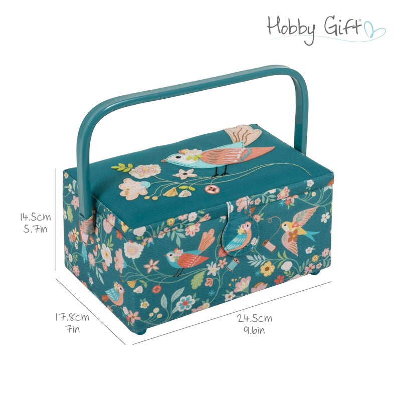 Hobby Gift Medium Sewing Box with Handle Cotton Fabric Craft Storage Box with Internal Tray Pocket and Pin Cushion for Sewing Accessories and Hobby Storage - Image 3
