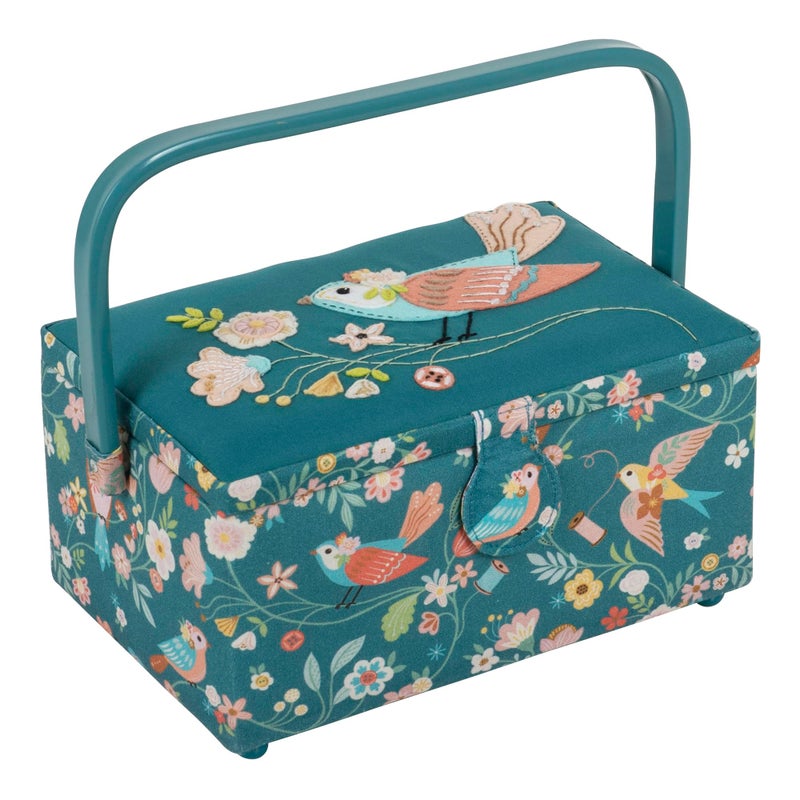 Hobby Gift Medium Sewing Box with Handle Cotton Fabric Craft Storage Box with Internal Tray Pocket and Pin Cushion for Sewing Accessories and Hobby Storage - Image 1