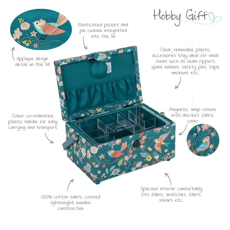 Hobby Gift Medium Sewing Box with Handle Cotton Fabric Craft Storage Box with Internal Tray Pocket and Pin Cushion for Sewing Accessories and Hobby Storage - Image 4