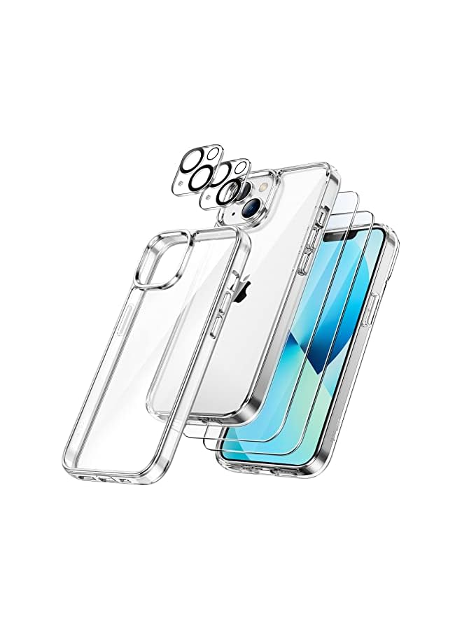 JETech 5 in 1 Case for iPhone 13 6.1-Inch, with 2-Pack Screen Protector and Camera Lens Protector, Non-Yellowing Shockproof Bumper Phone Cover, Full Coverage Tempered Glass Film (Clear) - Image 1