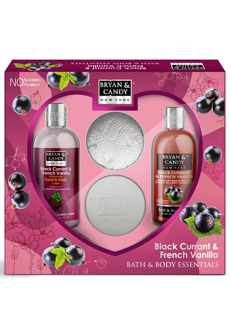 BRYAN & CANDY Bryan And Candy Black Currant And French Vanilla Diwali Gift Set For Women Heart Combo Kit Shower gel 150ML Hand And body Lotion 140ML Body Polish 100G And Loofah Pack of 3  - Image 1