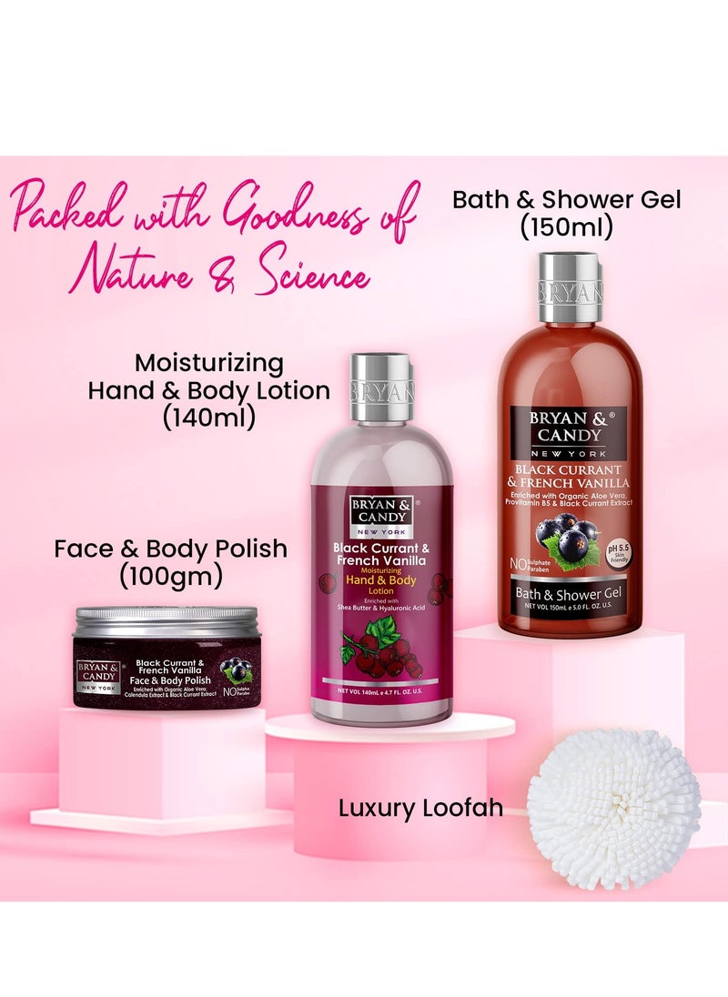 BRYAN & CANDY Bryan And Candy Black Currant And French Vanilla Diwali Gift Set For Women Heart Combo Kit Shower gel 150ML Hand And body Lotion 140ML Body Polish 100G And Loofah Pack of 3  - Image 3