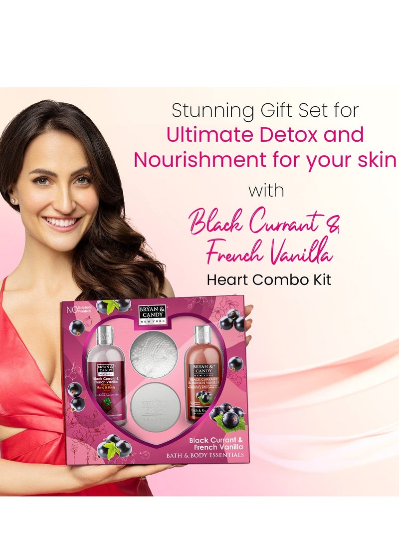 BRYAN & CANDY Bryan And Candy Black Currant And French Vanilla Diwali Gift Set For Women Heart Combo Kit Shower gel 150ML Hand And body Lotion 140ML Body Polish 100G And Loofah Pack of 3  - Image 2