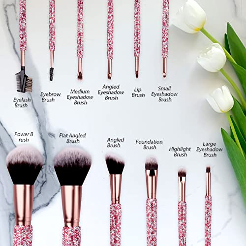 KEYPOWER Makeup Brushes Bling Crystal Professional Face Cosmetics Blending Liquid Foundation Powder Concealer Eye Shadows Make Up Beauty Tool Glitter with Pouch Bag Kit Purely Handmade (12PCS) (Pink) - Image 2