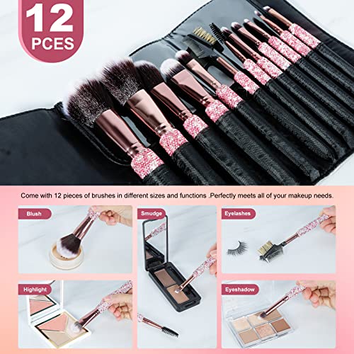 KEYPOWER Makeup Brushes Bling Crystal Professional Face Cosmetics Blending Liquid Foundation Powder Concealer Eye Shadows Make Up Beauty Tool Glitter with Pouch Bag Kit Purely Handmade (12PCS) (Pink) - Image 4