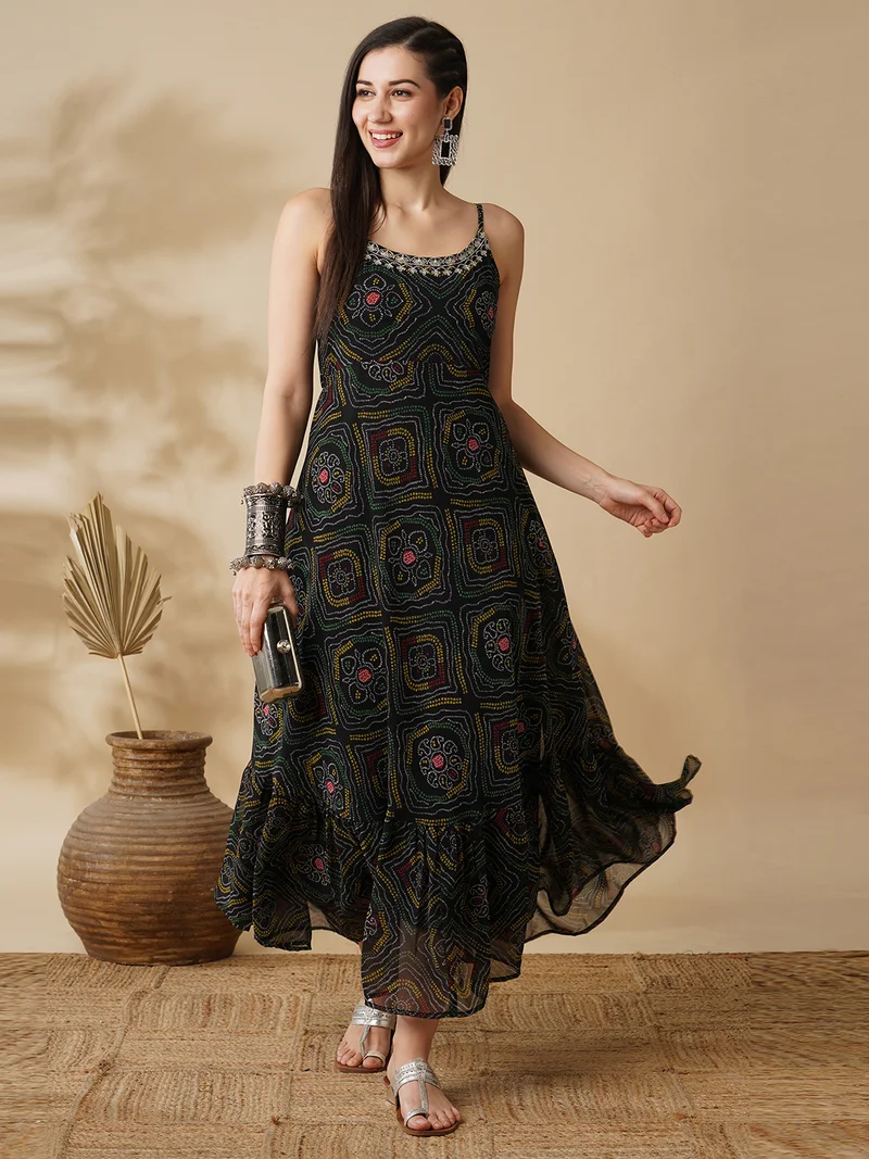 globus Women Black Bandhani Printed Embroidered Georgette Fit & Flared Maxi Ethnic Dress