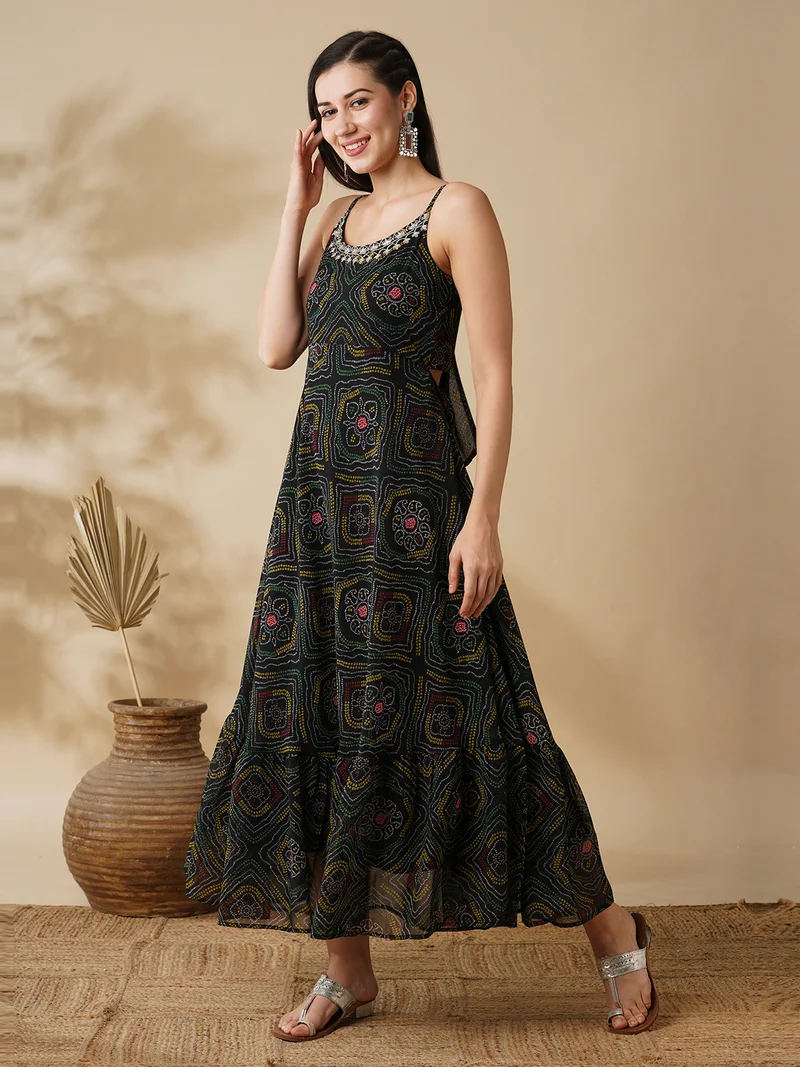 globus Women Black Bandhani Printed Embroidered Georgette Fit & Flared Maxi Ethnic Dress