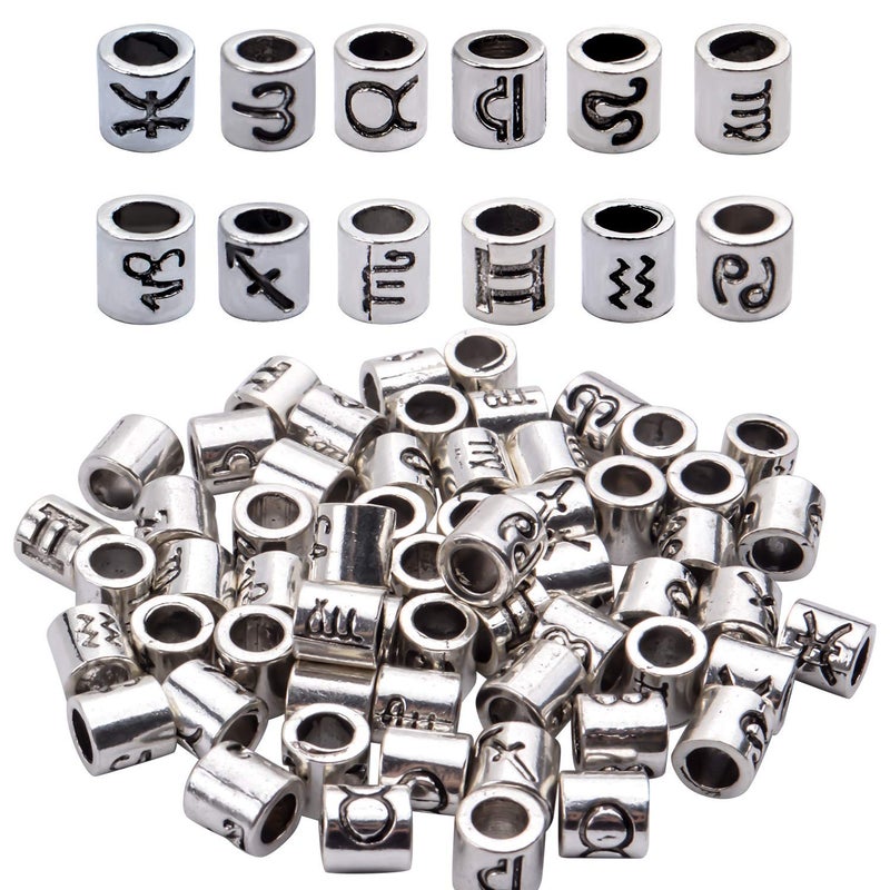 BronaGrand 60pcs Antique Silver Zodiac Spacer Beads Alloy 12 Constellations Tube Beads with Large Hole for Necklace Bracelet,4mm Hole - Image 1